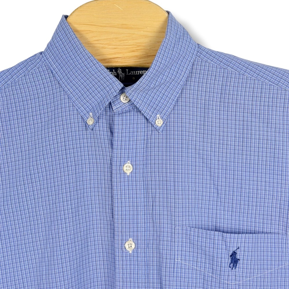 Vintage Ralph Lauren Button Down Men 15.5 Medium Blue Plaid Yarmouth Cotton Pony